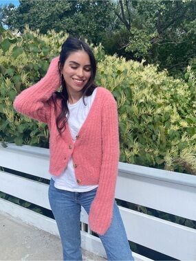 SO Coral Pink V-Neck Button Fuzzy Cardigan